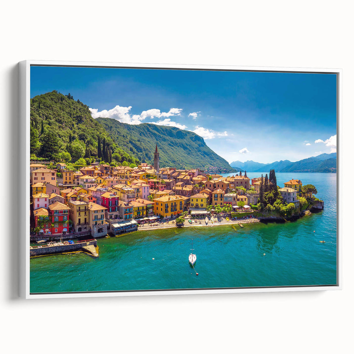 Vintage poster art of Lake Como with vibrant colors on a large framed canvas, ideal for living room decor.