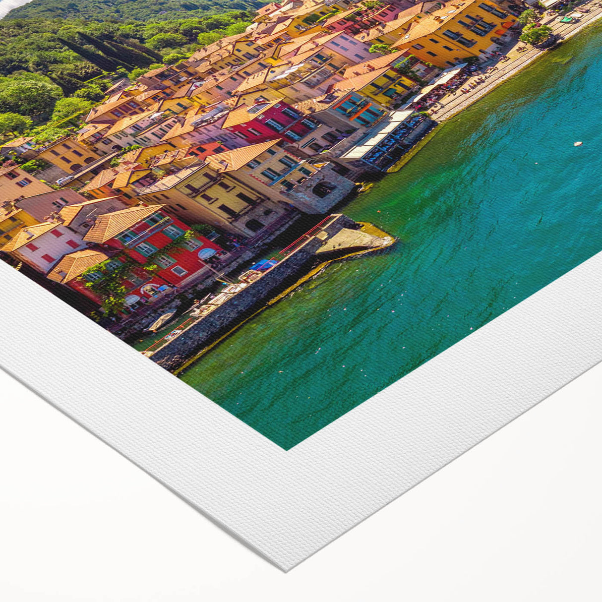 Art deco poster of Lake Como with serene blue and green hues on rolled canvas, suitable for dining room wall art.