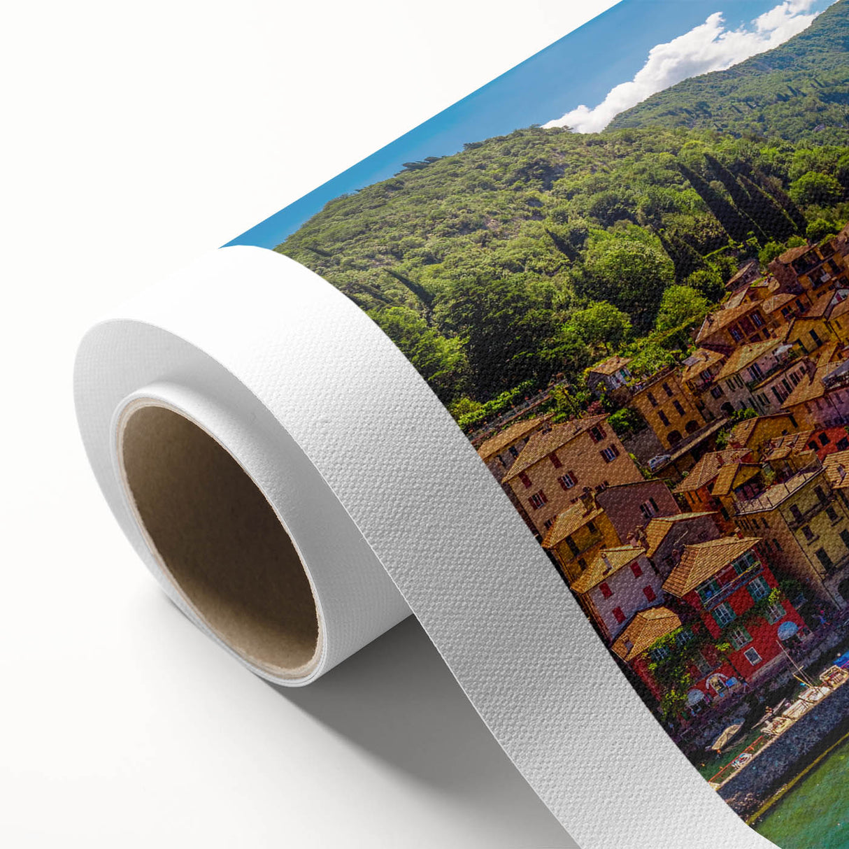 Art deco poster of Lake Como with serene blue and green tones on rolled canvas.