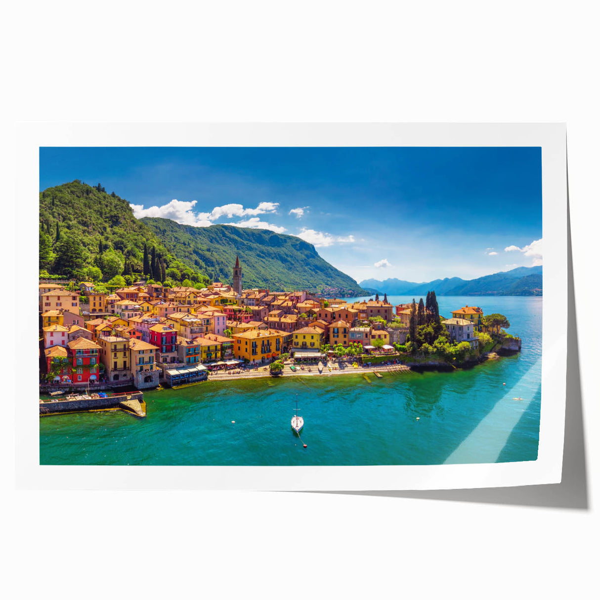 Extra large rolled print of Lake Como with vibrant floral foreground, ideal for art wall dining room.