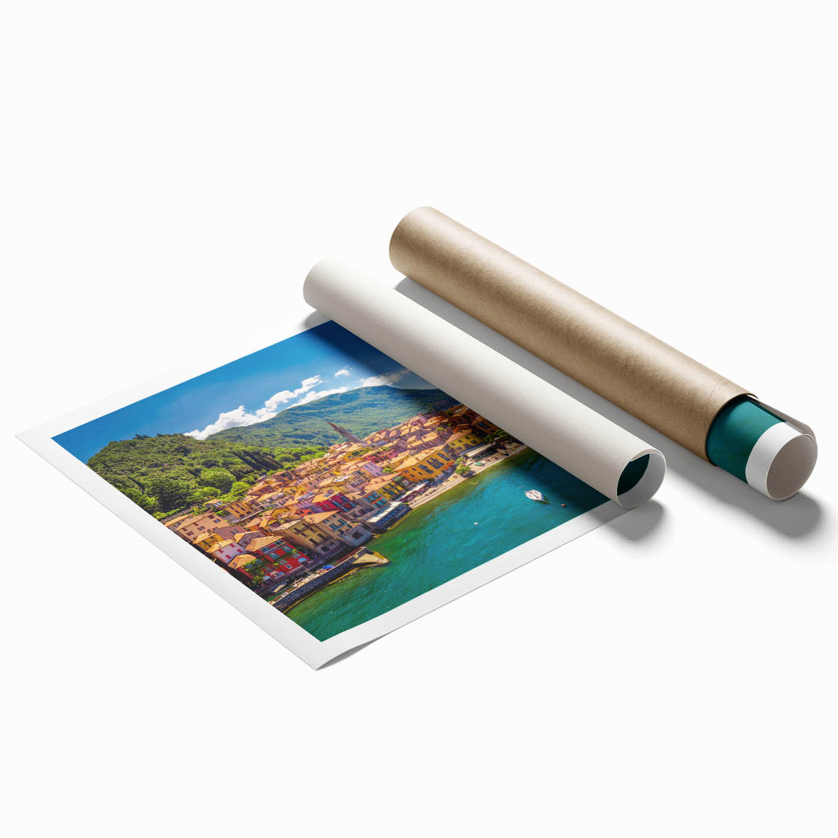 Extra large rolled print of Lake Como with floral foreground in muted earth tones.