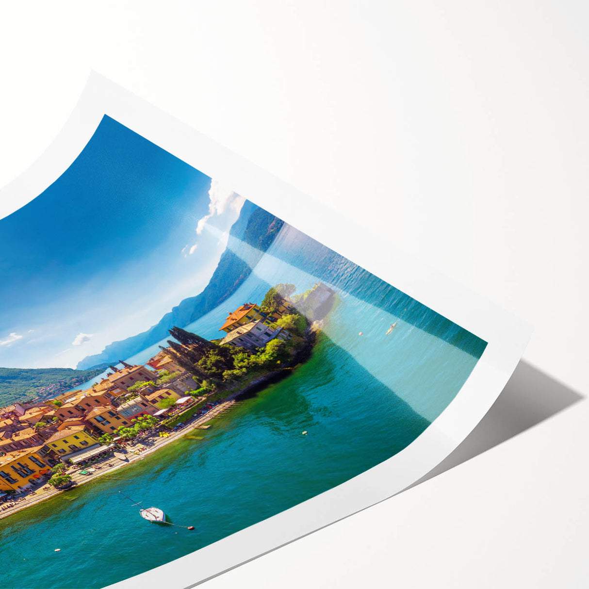 Extra large wall art of Lake Como with line art flowers in soft pastel shades on rolled canvas.