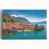 Black and white photograph of Lake Como on stretched canvas, ideal for kitchen wall art or bedroom ambiance.