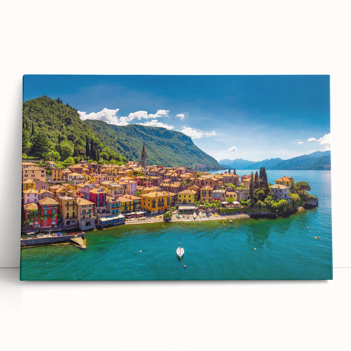 Black and white large canvas print of Lake Como with a serene landscape, ideal for kitchen wall art.