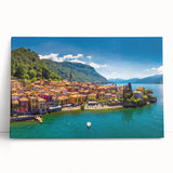 Black and white large canvas print of Lake Como with a serene landscape, ideal for kitchen wall art.