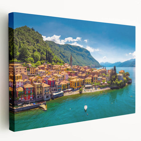 Lake Como landscape on large stretched canvas, featuring muted blue and green tones, ideal for kitchen wall art.