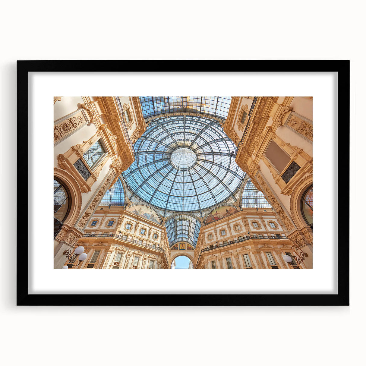 Extra large abstract art print of a colorful Milan scenery in a black frame, ideal for living room decor.