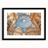 Extra large abstract art print of a colorful Milan scenery in a black frame, ideal for living room decor.