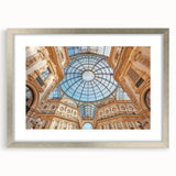 Extra large textured abstract art print depicting a Milan scenery, in silver frame, suited for living room decor.