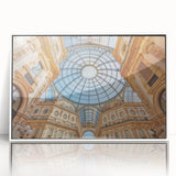 Mid-century modernist art of Milan scenery in muted earth tones on a framed acrylic, ideal for nursery wall decor.