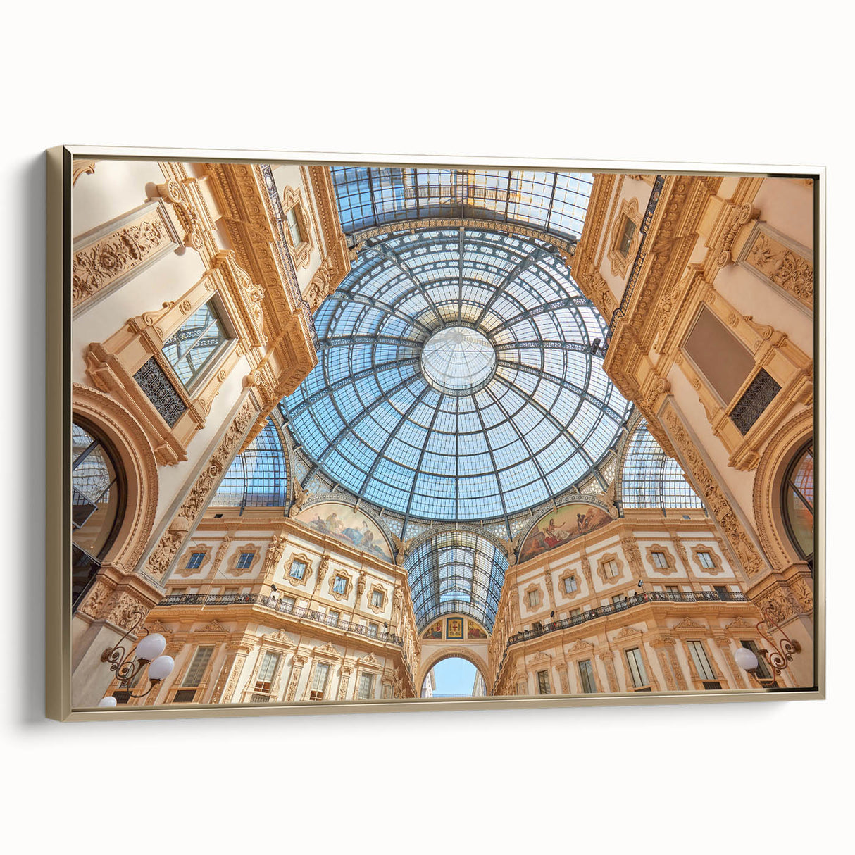 Framed canvas of a vintage Milan landscape in muted gold and black tones, ideal for bedroom wall art.