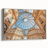 Framed canvas landscape art painting of Milan with colorful and vintage poster art style on a black background.
