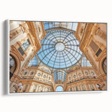 Vintage poster art of Milan scenery on a framed canvas, featuring colorful art with black accents.