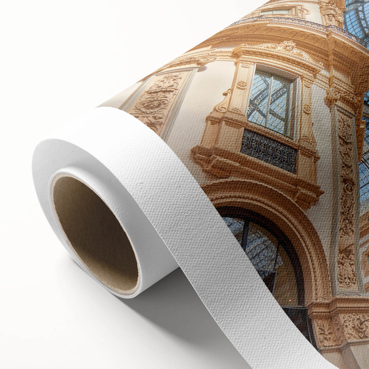 Art Deco style poster of Milan scenery on rolled canvas, featuring muted earth tones.