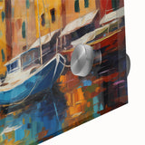 Acrylic print of Portofino, Italy, featuring vivid coastal hues and mid-century modernist style.