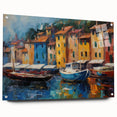 Acrylic print of Portofino, Italy, featuring vivid blue waters and colorful buildings, ideal for dining room decor.