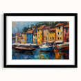 Colorful abstract art print of Portofino, Italy, with vibrant hues on a large textured canvas, ideal for living room decor.