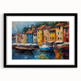 Colorful abstract art print of Portofino, Italy, with vibrant hues on a large textured canvas, ideal for living room decor.