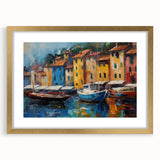 Abstract art print of Portofino, Italy, in muted earth tones on a gold-framed canvas, suitable for dining room decor.