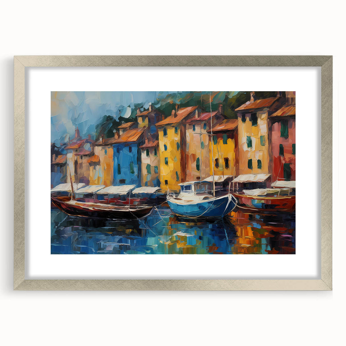 Extra large abstract art print of Portofino, Italy, in muted earth tones on a textured canvas, framed in silver.