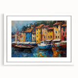 Textured art print of Portofino with abstract designs in vibrant colors on a white framed mat, suitable for bedroom decor.