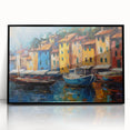 Large abstract wall art depicting the Portofino coast in Italy, with vibrant blue and green tones, framed in black acrylic.