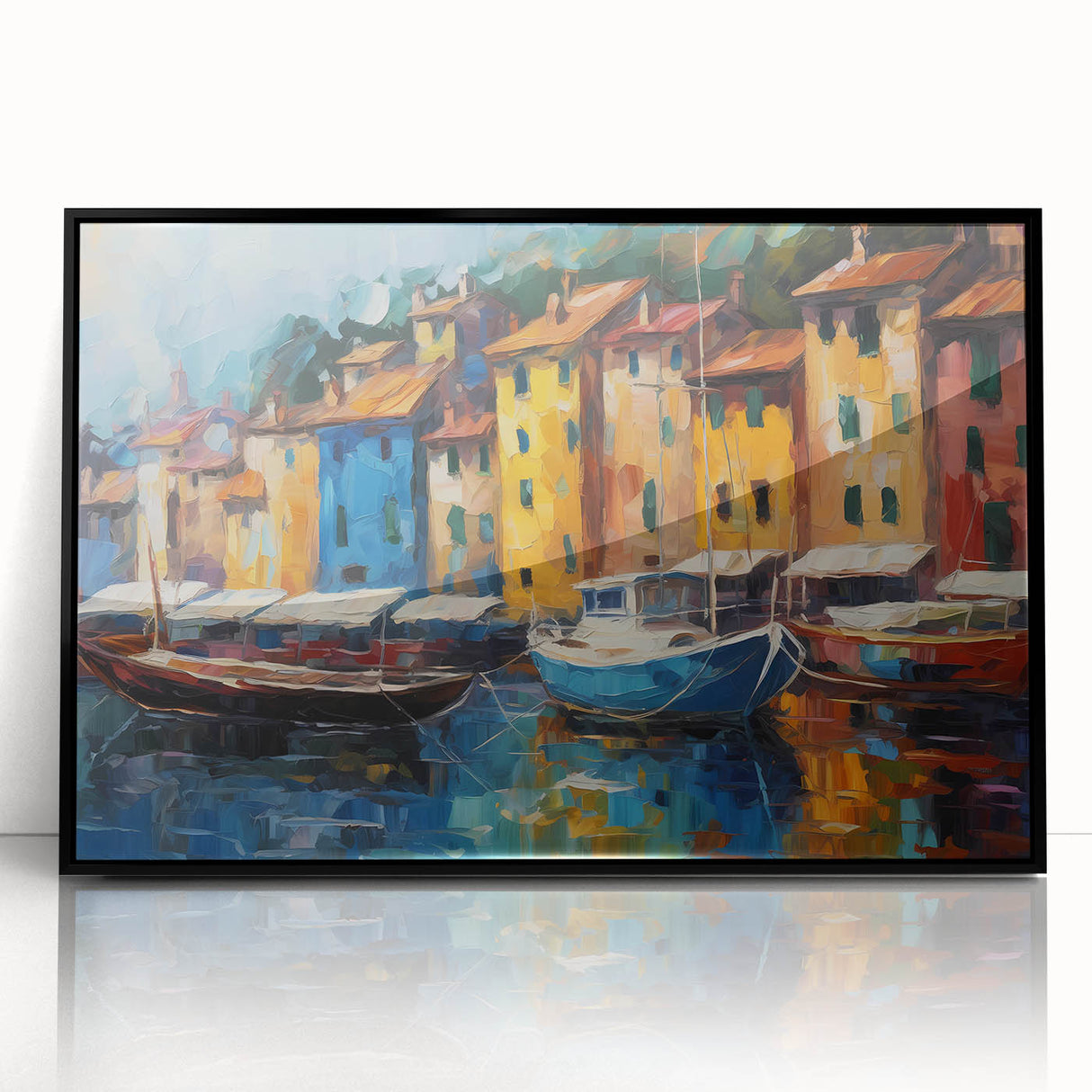 Large abstract wall art depicting the Portofino coast in Italy, with vibrant blue and green tones, framed in black acrylic.