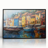 Large abstract wall art depicting the Portofino coast in Italy, with vibrant blue and green tones, framed in black acrylic.
