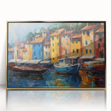 Acrylic print of Portofino, Italy with vivid blue waters and colorful buildings, framed in gold.