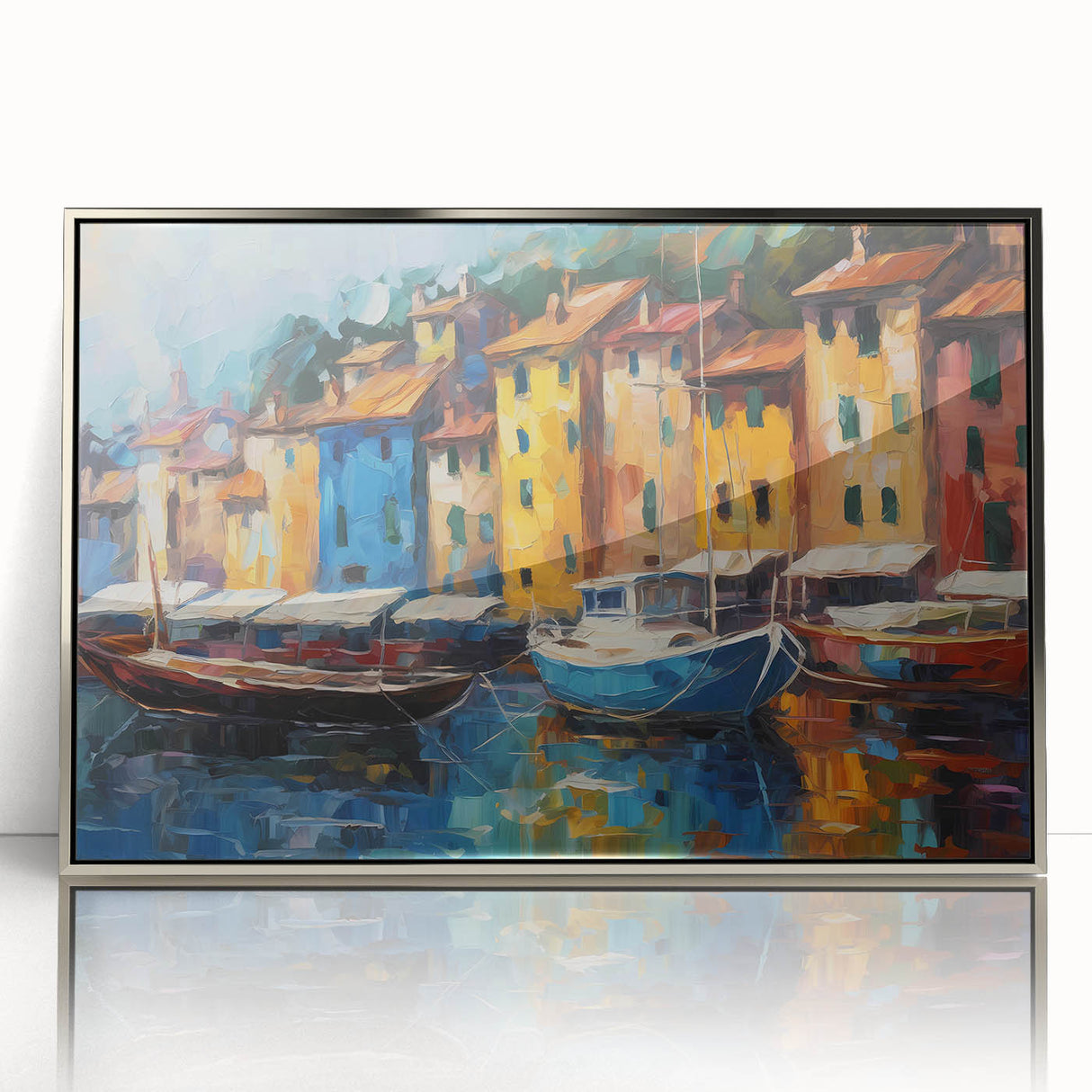 Mid-century modernist acrylic print of Portofino, Italy scenery in vibrant colors, ideal for modern art wall decor.