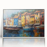 Mid-century modernist art depicting Portofino, Italy, in vibrant colors on a white-framed acrylic print.