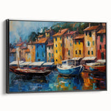 Black and white framed canvas depicting a vintage Portofino landscape, ideal for bedroom wall art.