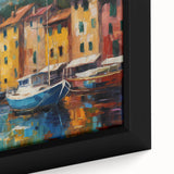 Black wall art featuring a textured portrayal of Portofino, Italy in vibrant colors on an extra large framed canvas.