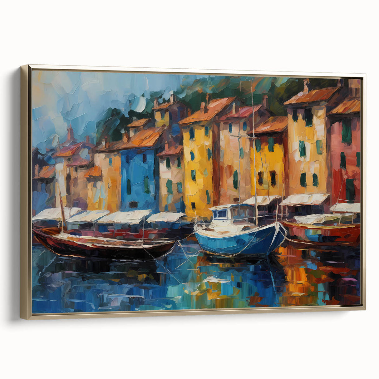 Framed canvas depicting a vintage-style Portofino landscape in muted gold and black tones, ideal for bedroom wall art.