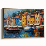 Framed canvas depicting a vintage-style Portofino landscape in muted gold and black tones, ideal for bedroom wall art.