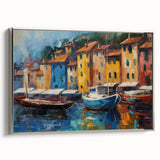 Landscape art painting of Portofino, Italy, featuring colorful buildings and boats on framed canvas.