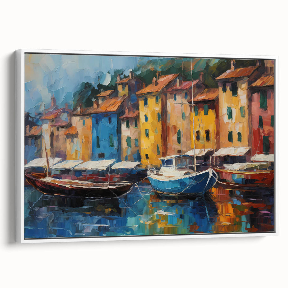 Vintage poster art of Portofino, Italy with colorful imagery on a large framed canvas, ideal for living room decor.