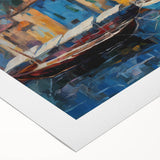 Art deco poster of Portofino, Italy, featuring pastel-colored seaside buildings on rolled canvas.