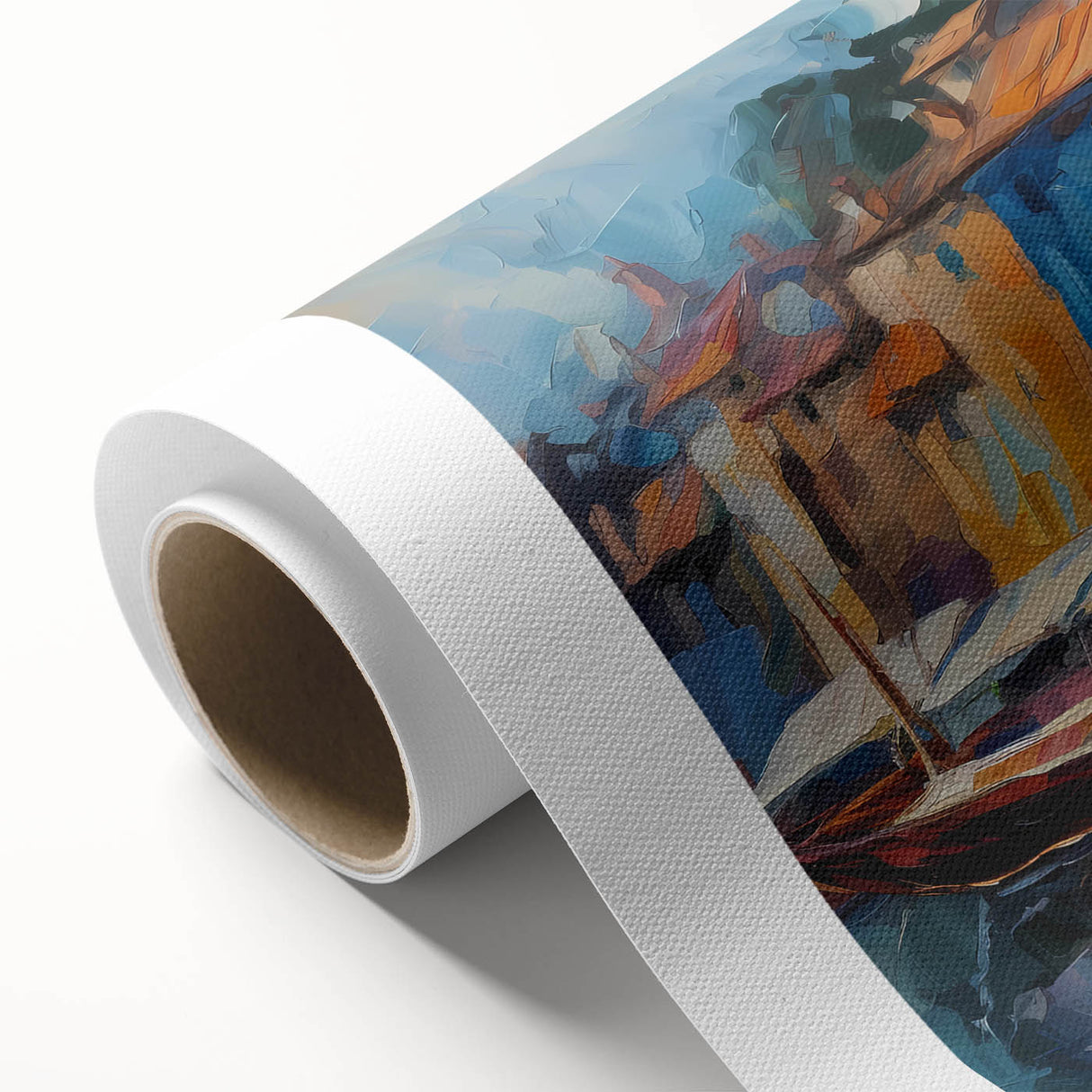 Art deco poster of Portofino, Italy with vibrant blue and green tones on rolled canvas.