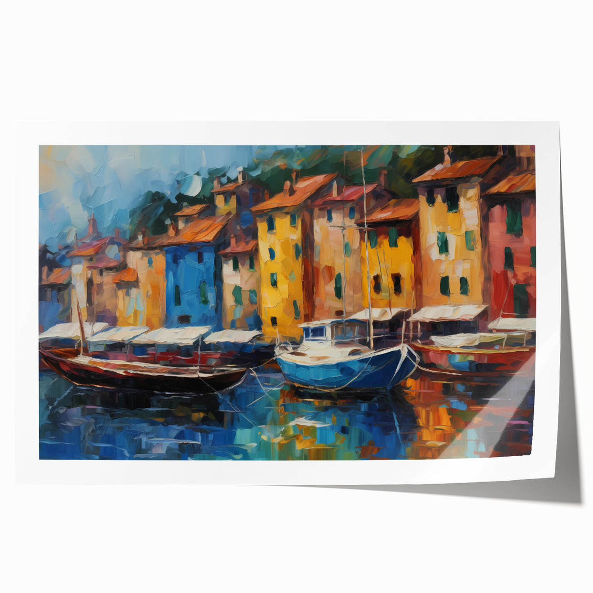 Rolled print of Portofino, Italy scenery with vibrant green and blue tones, ideal for art wall dining room placement.