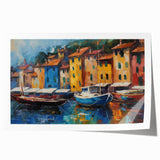 Rolled print of Portofino, Italy scenery with vibrant green and blue tones, ideal for art wall dining room placement.