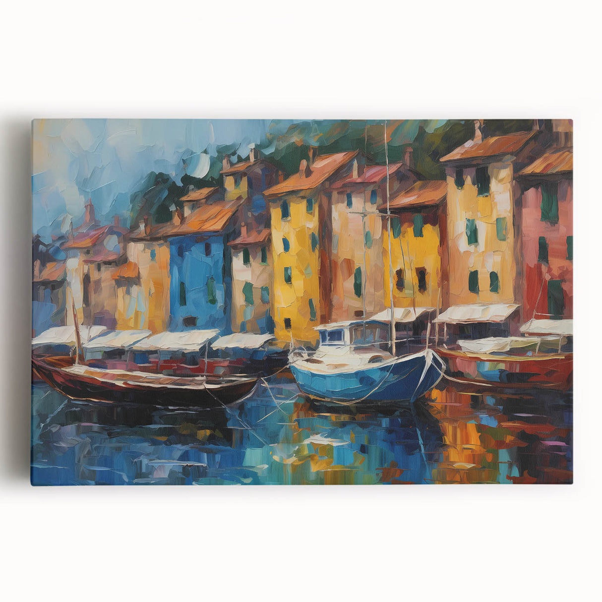 Black and white stretched canvas of Portofino, Italy, with muted tones, ideal for kitchen wall art.