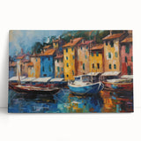 Black and white image of Portofino, Italy on large stretched canvas, ideal for kitchen art.
