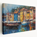 Portofino, Italy coastal scene on large stretched canvas, featuring vibrant blue and pastel houses.