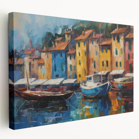 Portofino, Italy coastal scene on large stretched canvas, featuring vibrant blue and pastel houses.