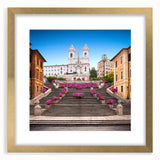 Abstract art print of Rome with muted earth tones in a gold frame, ideal for dining room decor.