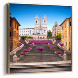 Framed canvas depicting a vintage-style landscape of Rome in silver and gold tones, suitable for bedroom wall art.