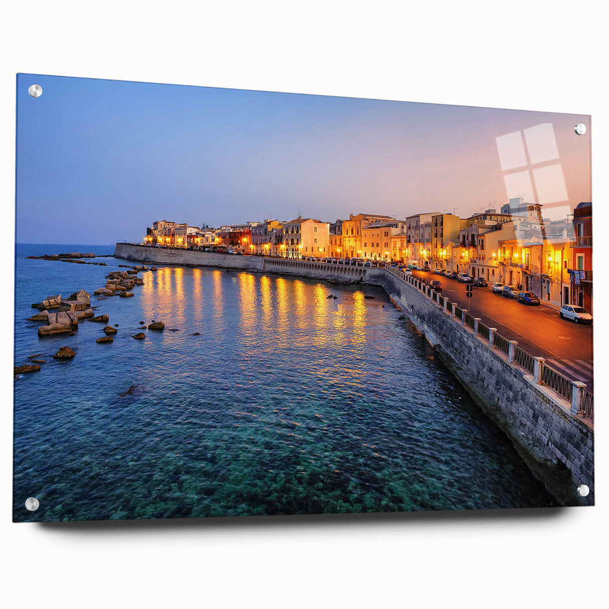 Acrylic print of a Sicilian landscape with vibrant blue and green tones, suitable for dining room decor.