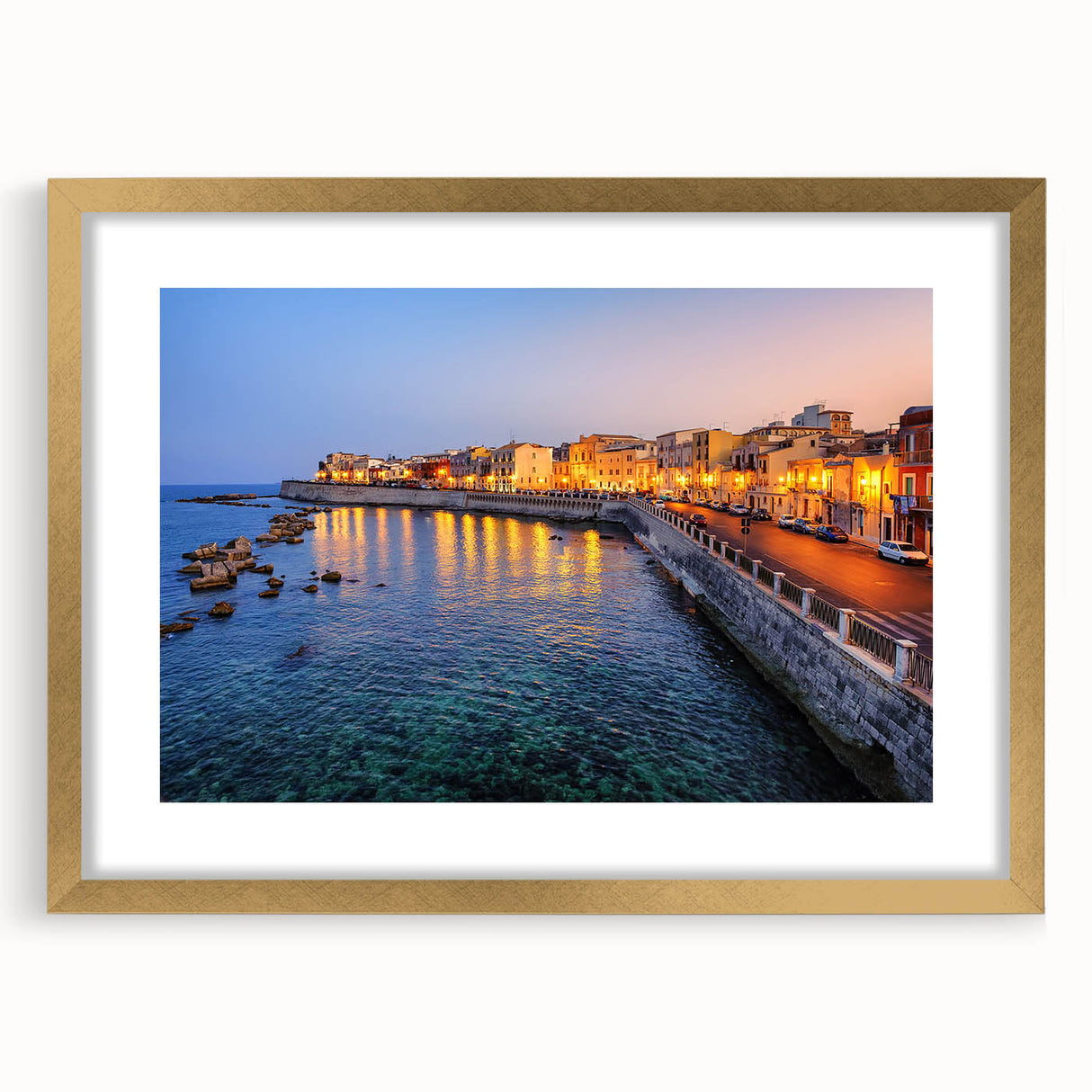 Abstract art print of Sicilian landscape in muted earth tones, framed with a gold mat, suitable for dining room decor.