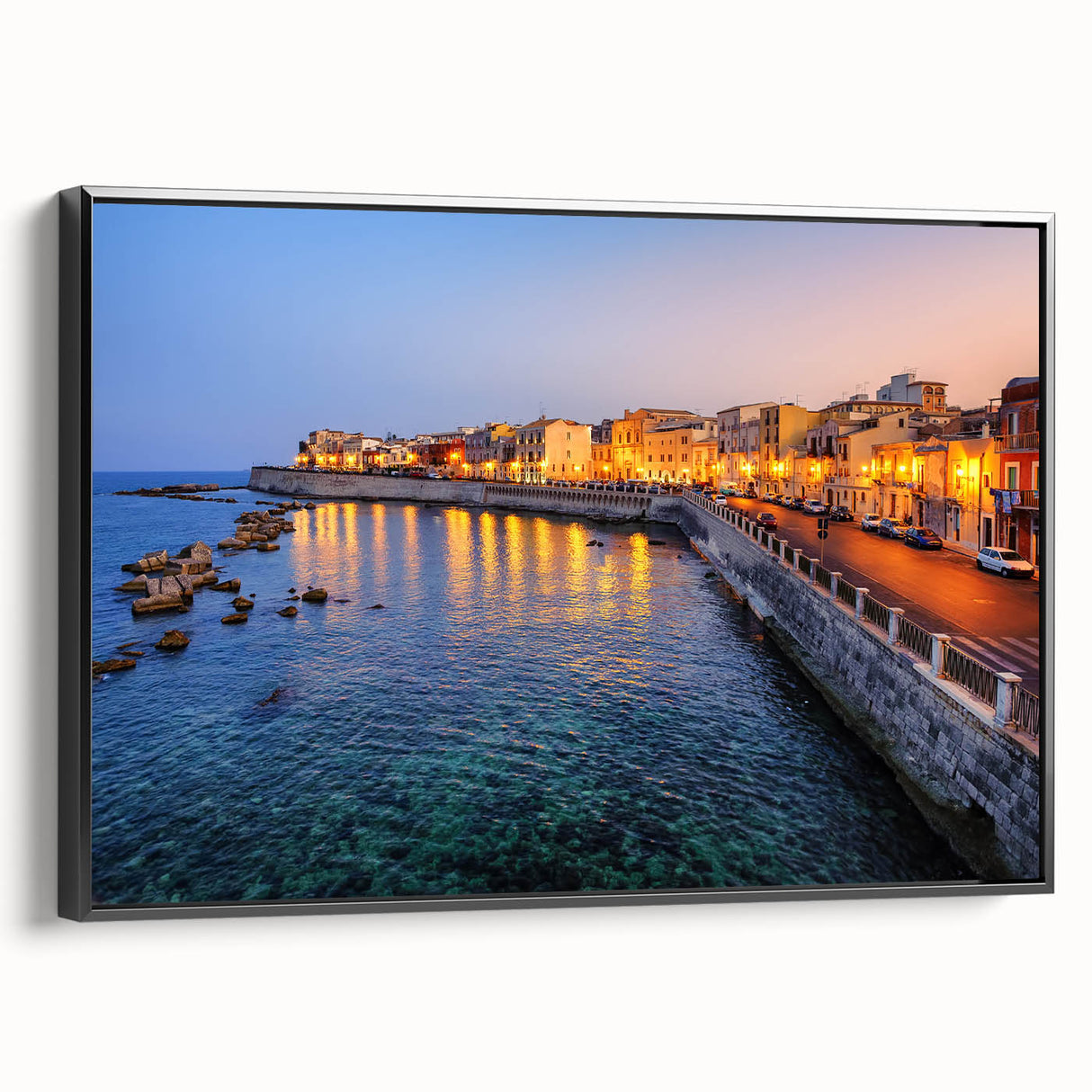 Black and white landscape art painting of Sicily on framed canvas, ideal for bedroom wall decor.